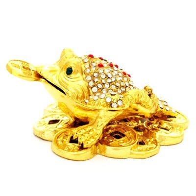 Bejeweled Golden Three Legged Toad on Bed of Coins