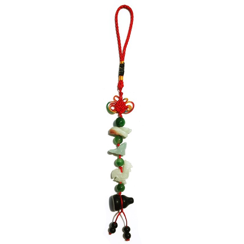 Feng Shui Three Horoscope Allies Jade Lucky Tassel with Obsidian Wu Lou for Ox, Rooster & Snake