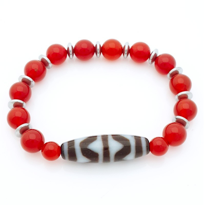 4 Line Tiger Tooth Dzi Bead with Natural Red Agate Bracelet