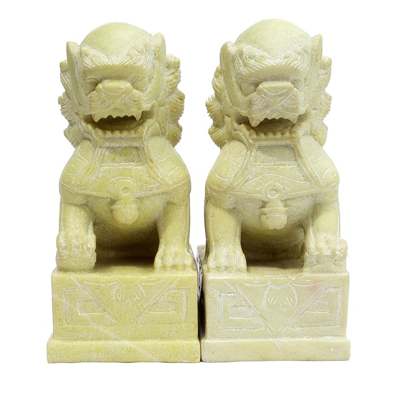 A Pair of YELLOW STONE Temple Lions on Stand