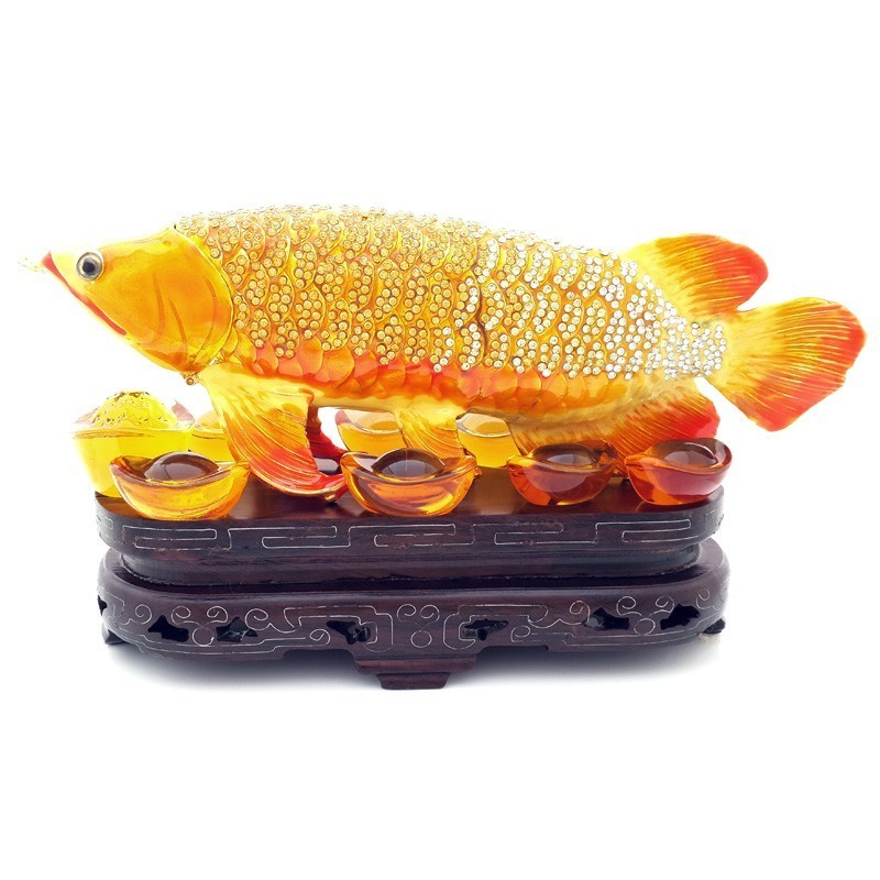 Feng Shui Bejeweled Golden Arowana Fish Statue 