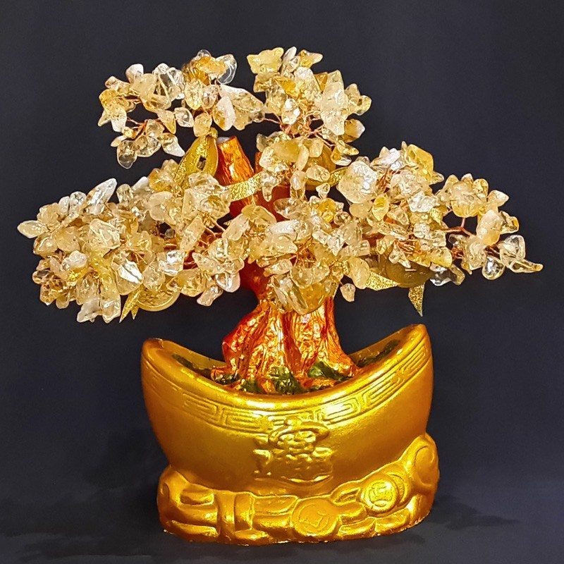 Feng Shui Bonsai Citrine Crystal Gemstone Tree with INGOT Base