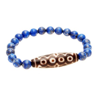 15 Eyed Dzi Bead with 8mm Smooth Natural Lapis Lazuli Bracelet