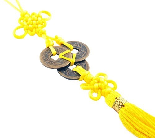 Feng Shui 3 I-Ching Coins Tassel With Mystic Knot
