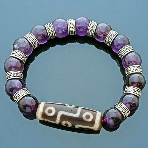 Authentic Tibetan OLD 9 Eyed dZi with Amethyst Bracelet for Wealth and Success