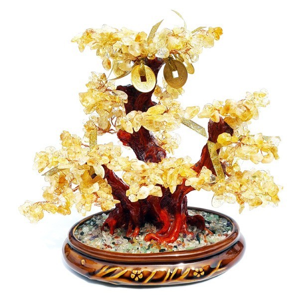 Feng Shui Bonsai Citrine Crystal Gemstone Tree with 8 GOLD Coins