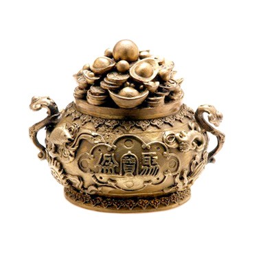 Overloaded Bronze Wealth Pot with Golden Ingots and Coins