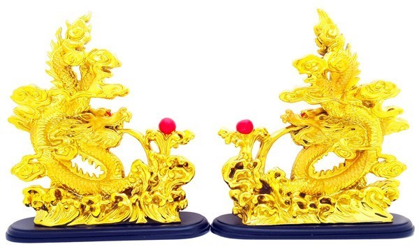 Double Golden Dragons Grasping a Pearl 