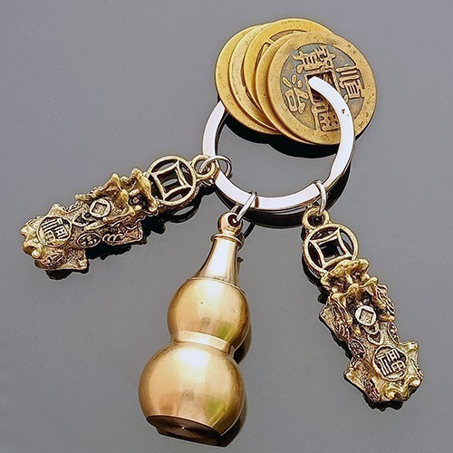Feng Shui Double Pi Yao with Fortune Coins and Gourd Amulet Keychain for Auspicious Luck and Protection