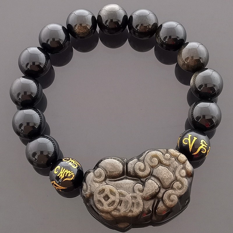 Feng Shui Golden Obsidian Pi Yao Amulet Bracelet