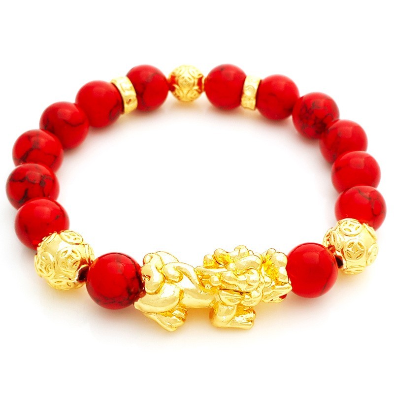 Feng Shui Golden Pi Yao Pi Xiu Lucky Charm with Red Turquoise Stones Bracelet