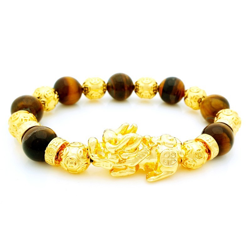 Feng Shui Golden Pi Yao Amulet with Tiger Eye Crsytals Bracelet