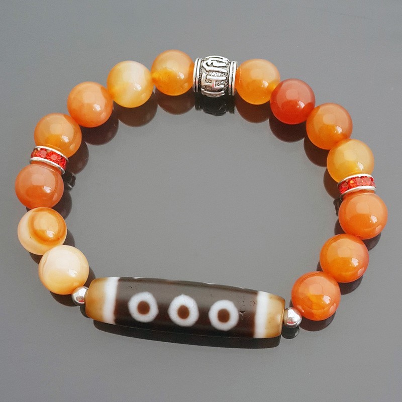 Authentic Tibetan OLD 5 Eyed dZi with Orange Agate Bracelet for Good Fortune and Wealth