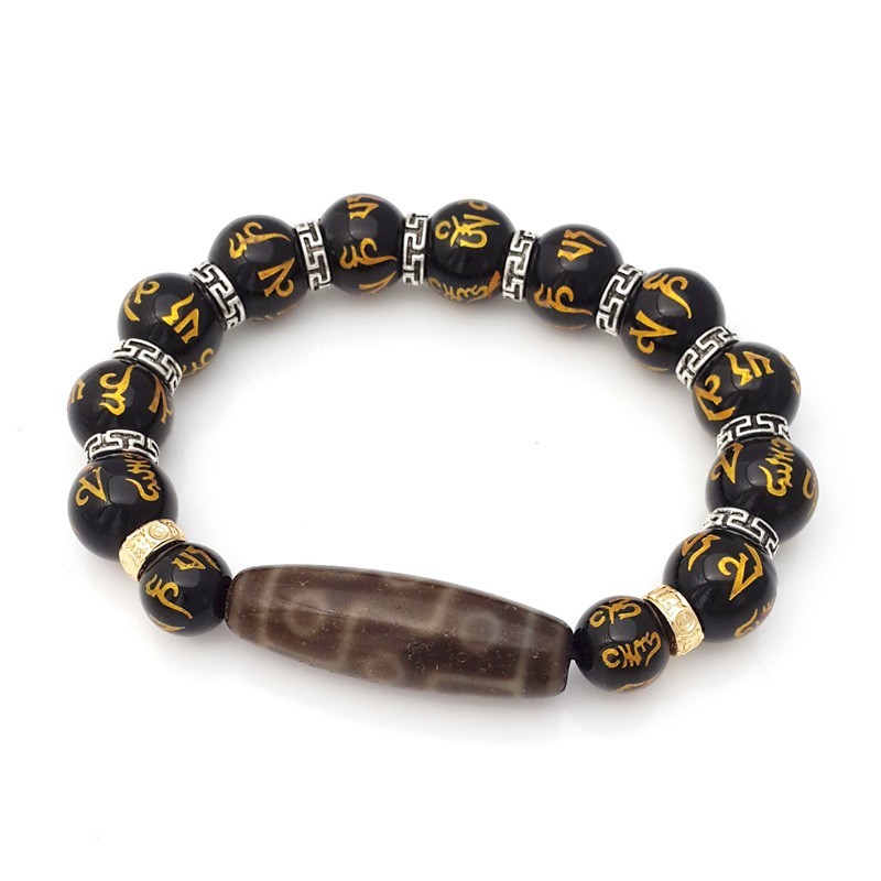 OLD Nine-Eyed Dzi with Mantra Beads Bracelet