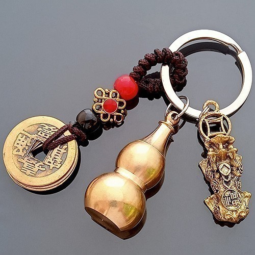 Feng Shui Single Pi Yao with Fortune Coins and Gourd Amulet Keychain for Auspicious Luck and Protection