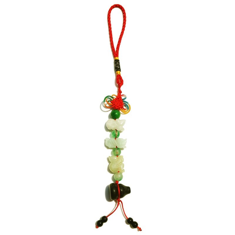 Feng Shui Three Horoscope Allies Jade Lucky Tassel with Obsidian Wu Lou for RAT, DRAGON and MONKEY