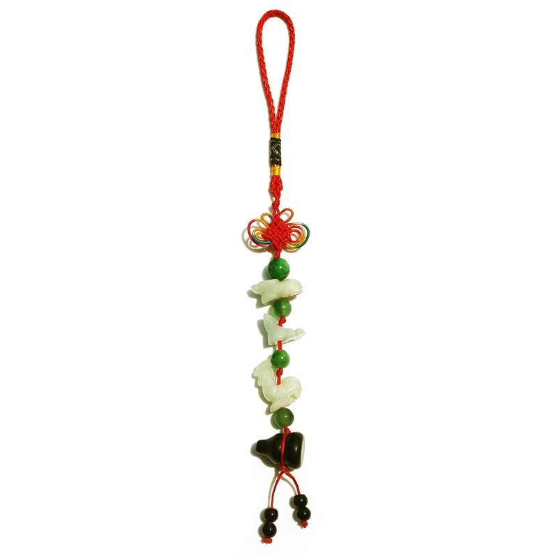 Feng Shui Three Horoscope Allies Jade Lucky Tassel with Obsidian Wu Lou for Ox, Rooster & Snake