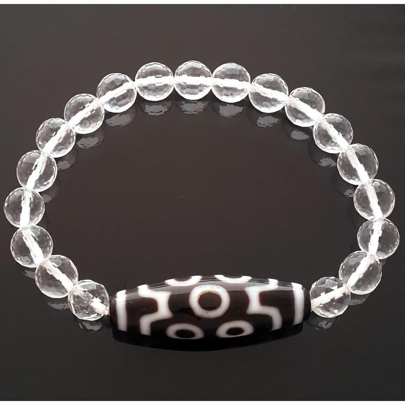 7 Eyed Dzi Bead with 8mm Faceted Clear Quartz Bracelet