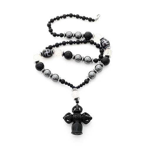 Handcrafted Double Vajra Dorje Crystal Cross with HOTU Dzi Amulet Pendant Necklace for Ultimate Protection