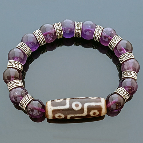 Authentic Tibetan OLD 9 Eyed dZi with Amethyst Bracelet for Wealth and Success
