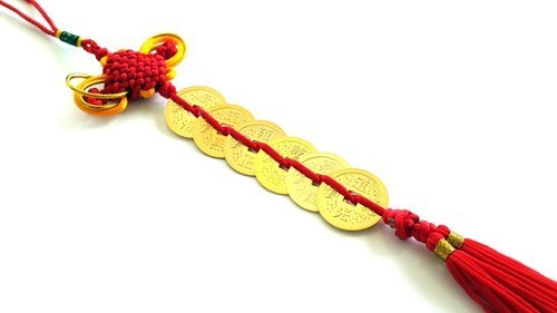 Feng Shui Six Emperor Gold Coins Tassel with Red Mystic Knot