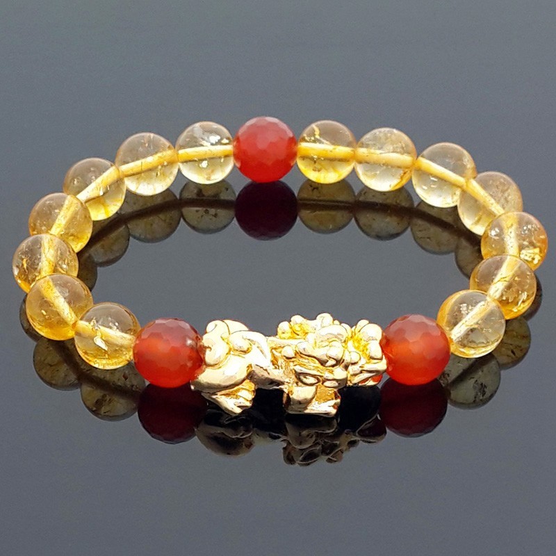 Feng Shui Natural Citrine Crystal with Golden Pi Yao Lucky Amulet Bracelet