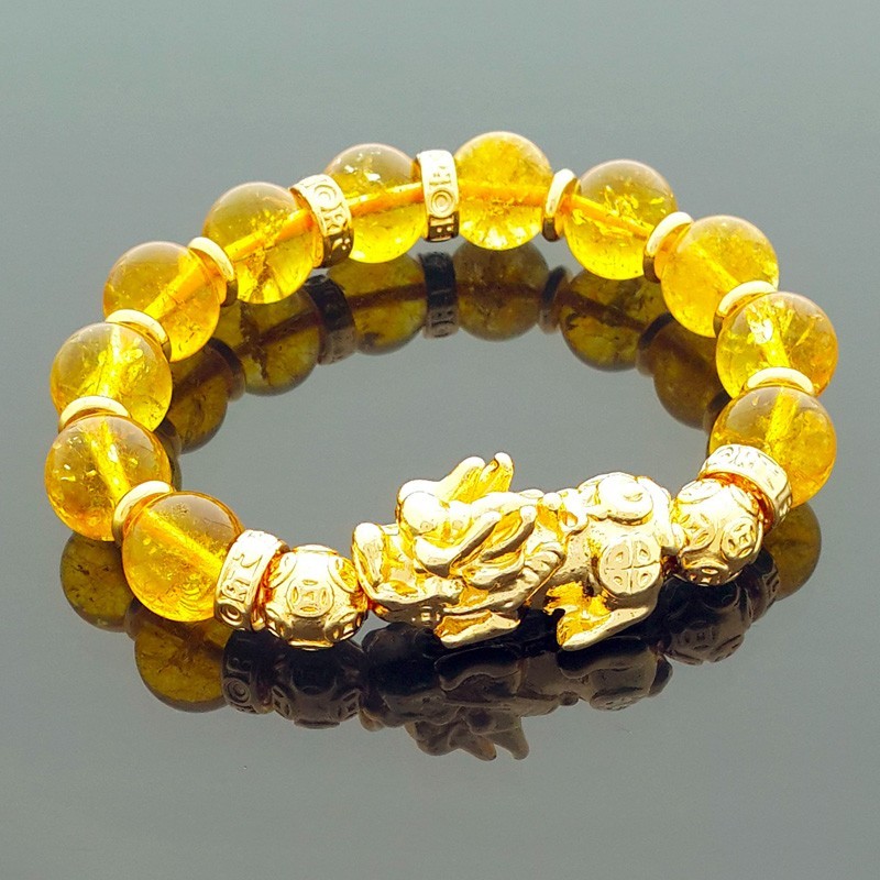 Feng Shui Citrine Crystals with Golden Pi Yao Good Luck Amulet Bracelet
