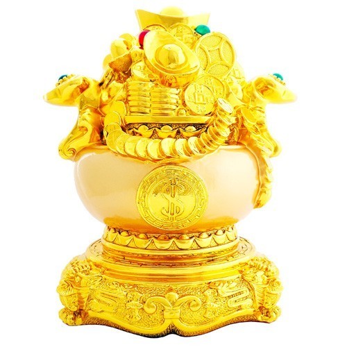Feng Shui Golden Wealth Pot with Gold Ingots and Gold Coins
