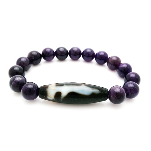 Kuan Yin Agate Dzi with Natural Amethyst Beads Bracelet