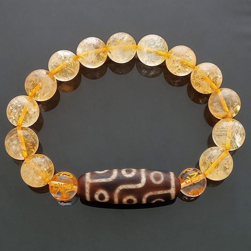 Authentic Tibetan OLD 9 Eyed dZi with Natural Citrine Bracelet for Wealth and Success