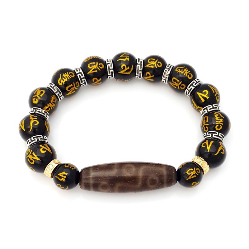 OLD Nine-Eyed Dzi with Mantra Beads Bracelet