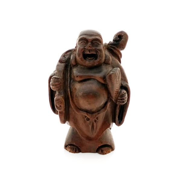Wood Carved Laughing Buddha of Wealth and Success